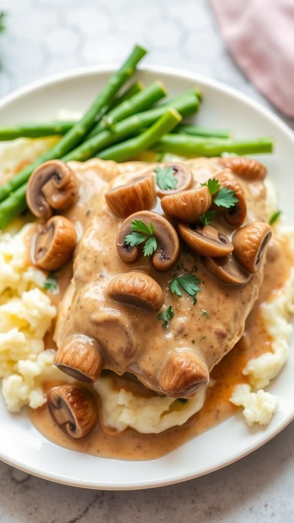 Creamy mushroom chicken with sage sauce over mashed potatoes, garnished with parsley.